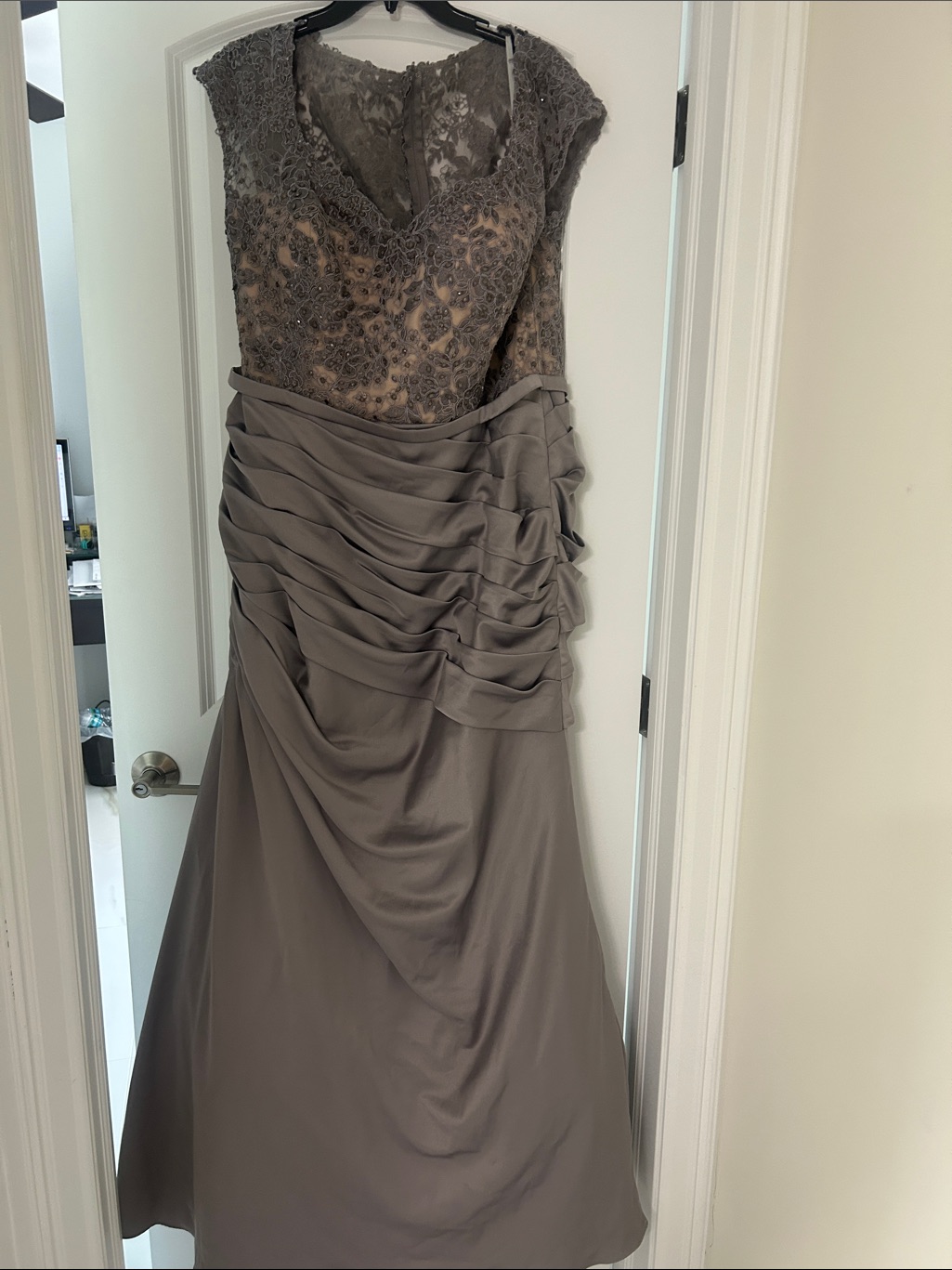 La Femme Taupe Lace Bodice Ruched Satin Evening Dress